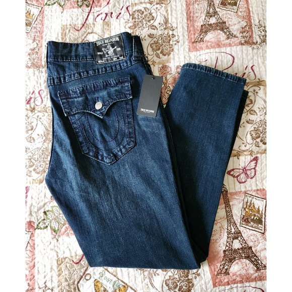 True Religion Mens GENO Flap Big T Blue Jeans Pant Relaxed Slim World Tour 38×32